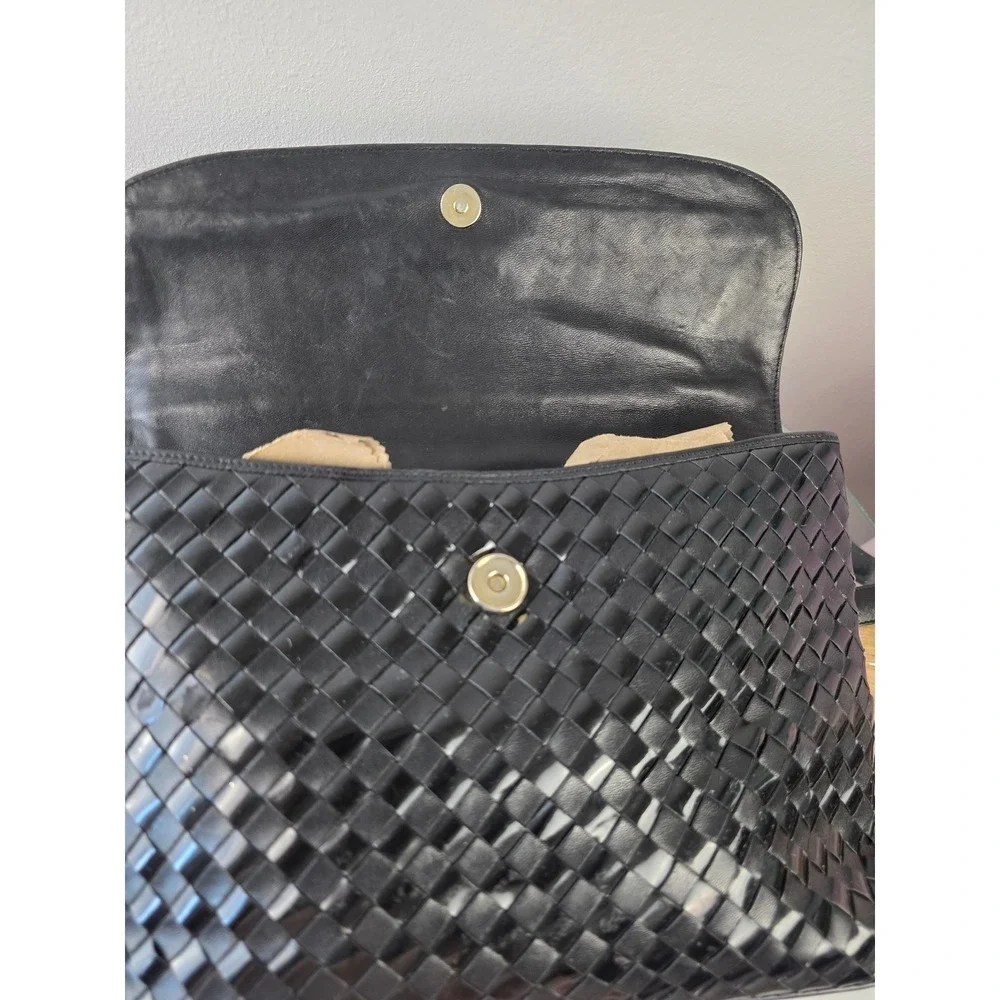 Bally Vintage Black Woven Leather Top Handle Satchel Bag Made in Italy Gold Logo